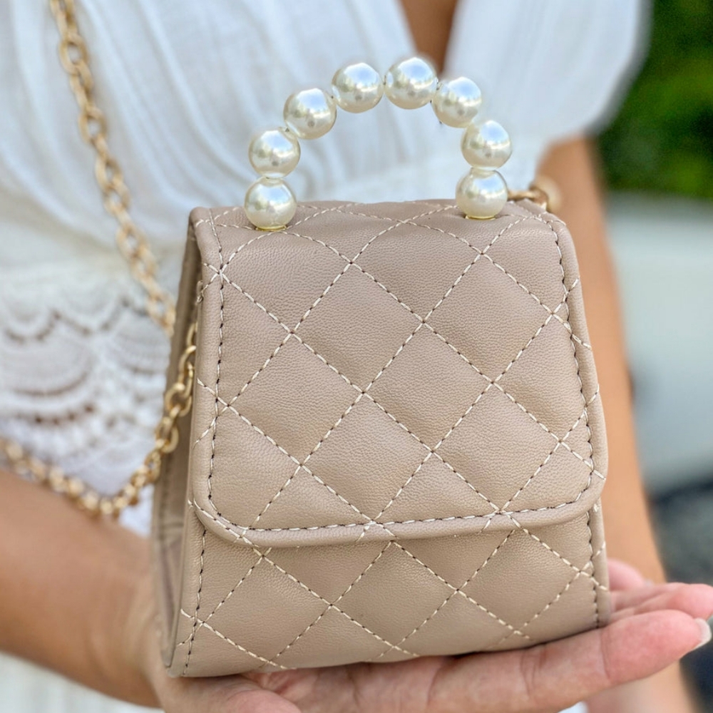 KHAKI FAUX PEARLS HANDLE CLUTCH